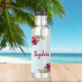 Botella De Agua Monograma Hibiscus Pink Flores Tropicales Florales