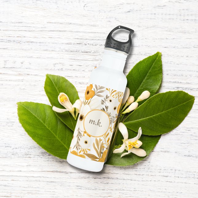 Botella De Agua Monograma inicial Oro marrón blanco Floral Botánic (Monogram Initials Gold Brown Yellow White Floral Botanical Watercolor Waterbottle)