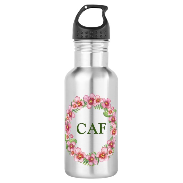 Botella De Agua Monograma Iniciales Floral Verde Rosa Girly (Anverso)