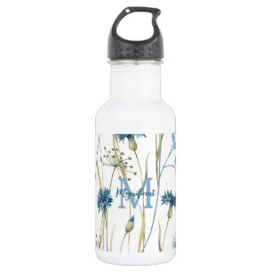 Botella De Agua Monograma Luz floral Azul Oro Blanco