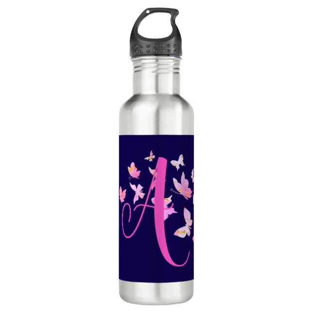 Botella De Agua Monograma Mariposa Azul Rosa (Anverso)