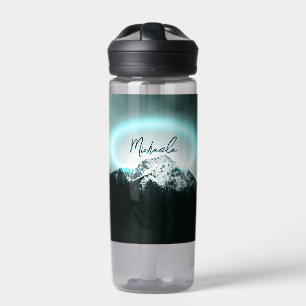 Botella De Agua Monograma misterioso de neón azul de montaña nevad