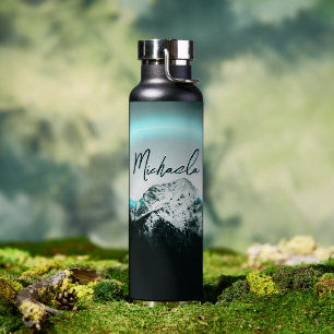 Botella De Agua Monograma misterioso de neón azul de montaña nevad