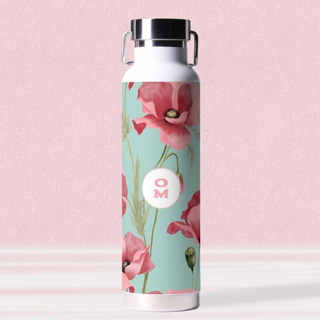 Botella De Agua Monograma moderno de flor silvestre rosa grande (Modern Large Pink Poppy Wildflower Monogram Water Bottle ©Susanne Sachers - Sunny Mind Design 🌞)