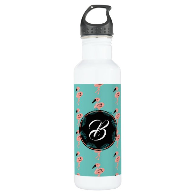 Botella De Agua Monograma moderno de Ilustracion Flamingo Palm Wre (Anverso)