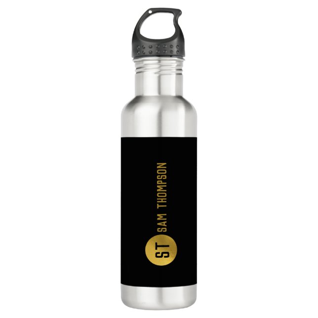 Botella De Agua Monograma moderno de lujo y negro personalizado (Anverso)