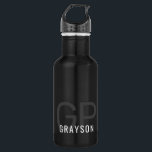 Botella De Agua Monograma moderno Nombre Gris negro Personalizado<br><div class="desc">Pequeña botella metalizado de agua con un sencillo y subestimado nombre y monograma masculino masculino, negro y blanco y gris personalizado personalizado, con 2 letras iniciales que se pueden editar a cualquier tipo de letra o color para diseñar una elegante botella metalizado de agua que luce genial para la oficina...</div>