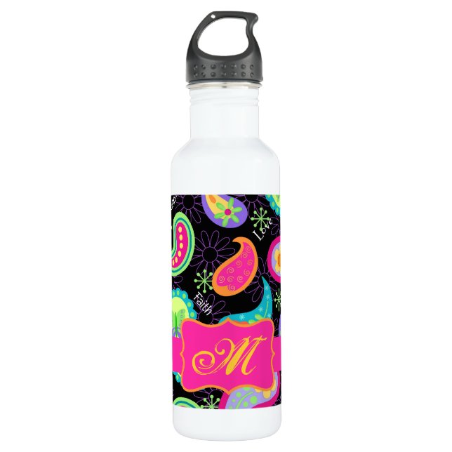 Botella De Agua Monograma moderno rosado de paisley de la fucsia n (Anverso)