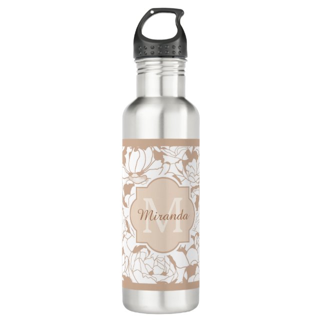 Botella De Agua Monograma moderno Tan Floral Girly con nombre (Anverso)