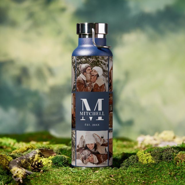 Botella De Agua Monograma moderno y Collage de fotos personalizado (Exterior)