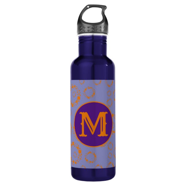 Botella De Agua Monograma Naranja inicial Círculos púrpura Cuadrad (Anverso)