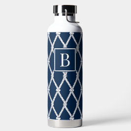 Botella De Agua Monograma Náutico Costero Elegante - Azul Marino y