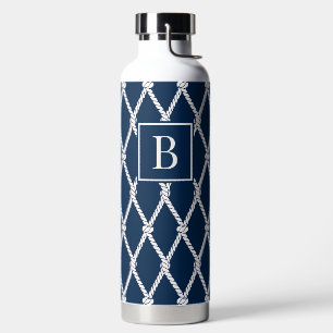 Botella De Agua Monograma Náutico Costero Elegante - Azul Marino y