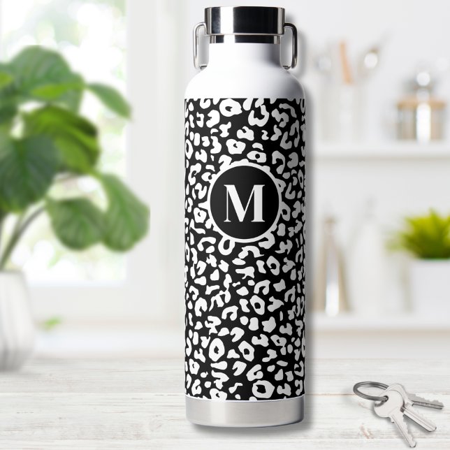Botella De Agua Monograma negro blanco de moda (Black Leopard Monogram Water Bottle)