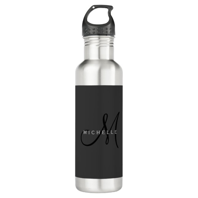 Botella De Agua Monograma negro profesional Gray Your Name (Anverso)