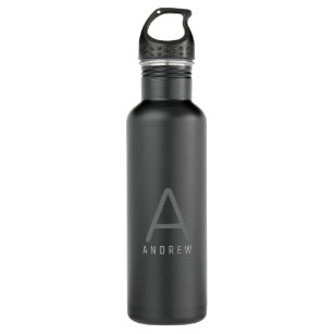 Botella De Agua Monograma negro simple y sutil personalizado moder