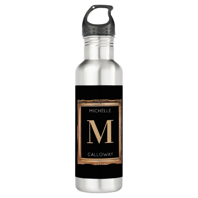 Botella De Agua Monograma negro y oro de moda (Anverso)