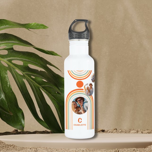 Botella De Agua Monograma Nombre Boho Arch Multifoto Trendy Girly (Subido por el creador)