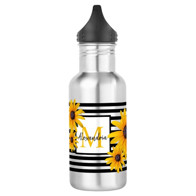 Botella De Agua Monograma Nombre Flor Amarilla Banda Negra (Izquierda)