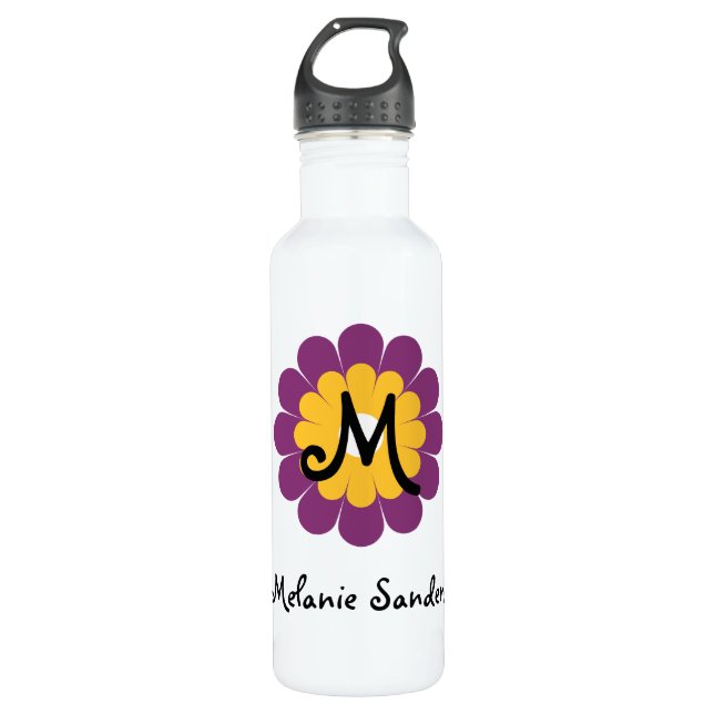 Botella De Agua Monograma nombre flor amarillo morado mod (Anverso)