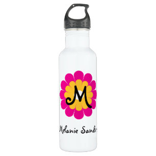 Botella De Agua Monograma nombre flor amarillo rosa moho
