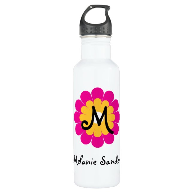Botella De Agua Monograma nombre flor amarillo rosa moho (Anverso)