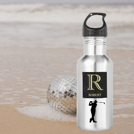 Botella De Agua Monograma Nombre Oro Golfer Negro