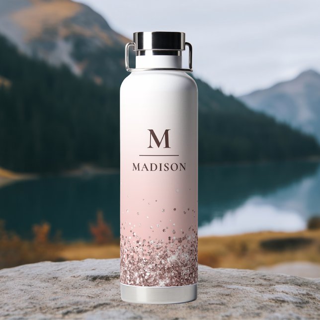 Botella De Agua Monograma Nombre Purpurina rosa Estilo Monogramado (Subido por el creador)