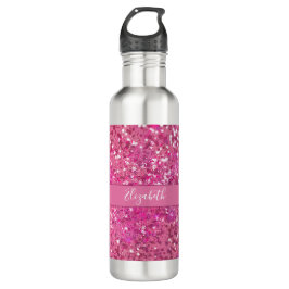 Botella De Agua Monograma Nombre Purpurina rosado caliente Sparkle