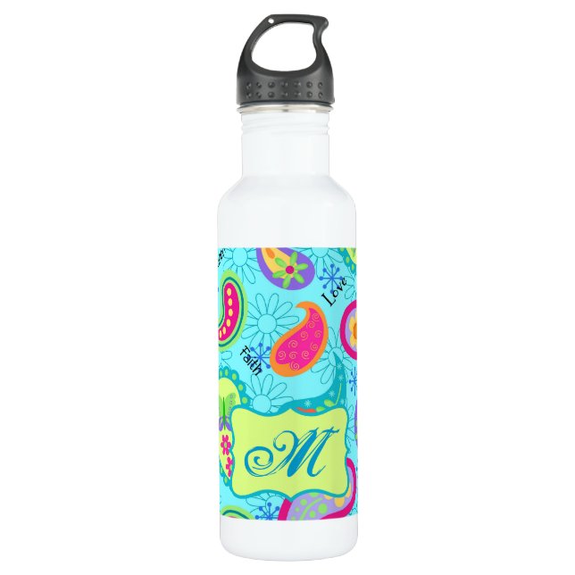 Botella De Agua Monograma paisley moderno azul turquesa verde (Anverso)