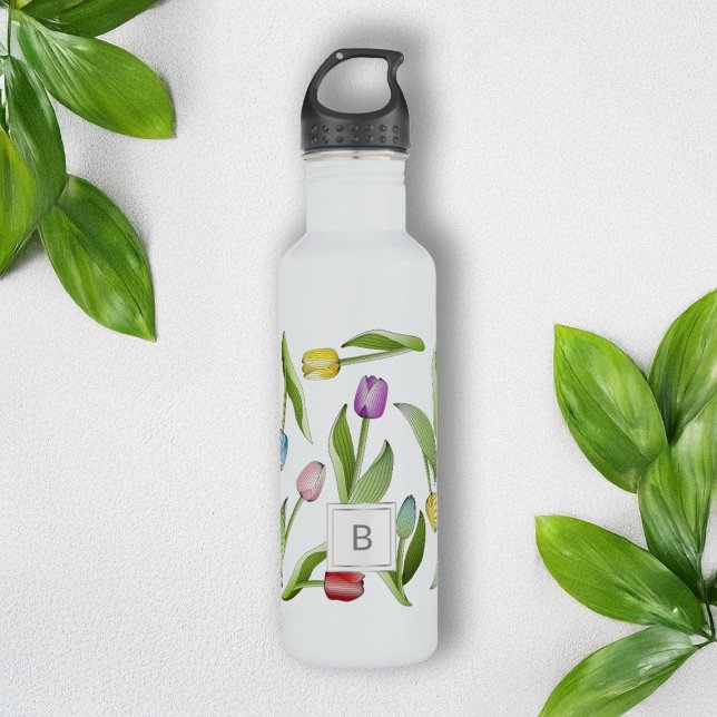 Botella De Agua Monograma Patrón de tulipano colorido moderno (Subido por el creador)
