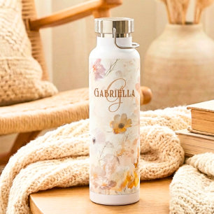 Botella De Agua Monograma personalizado Boho Chic Floral Acuarela