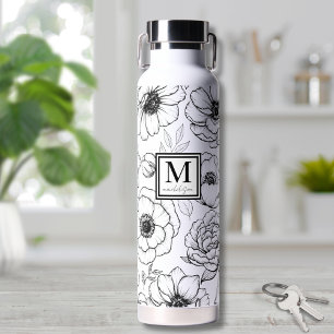 Botella De Agua Monograma Personalizado Chic Negro Blanco