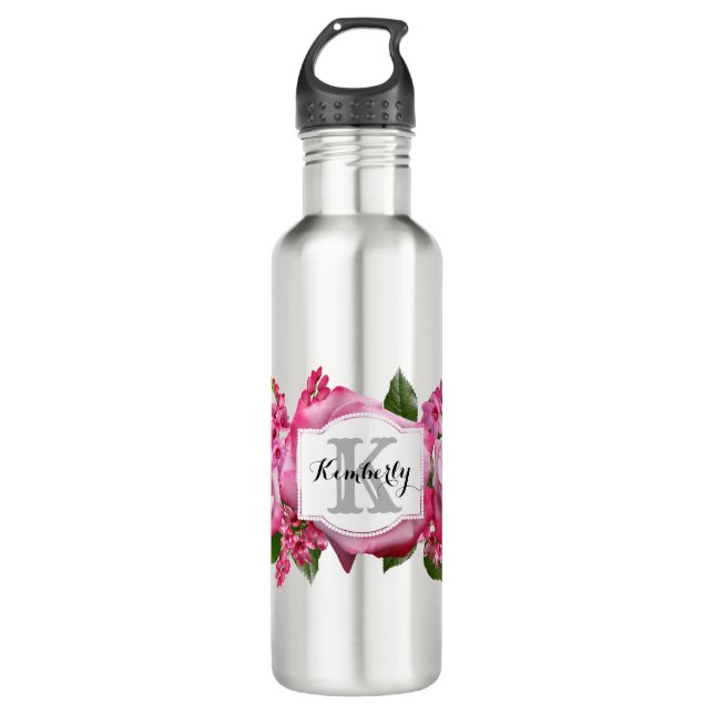 Botella De Agua Monograma personalizado - Floral (Anverso)