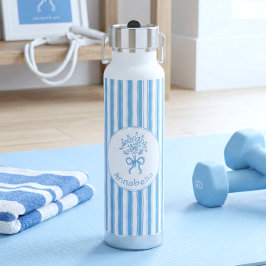 Botella De Agua Monograma Preppy de Raya Azul Blanco Caprichoso