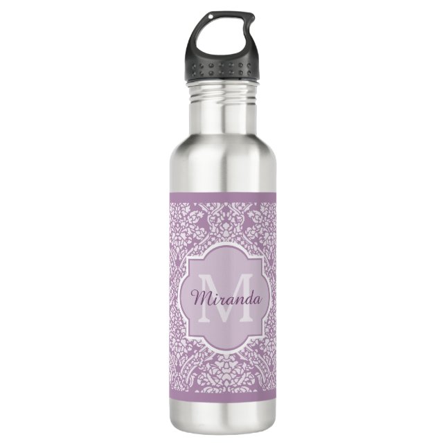 Botella De Agua Monograma púrpura del damasco de la lavanda (Anverso)