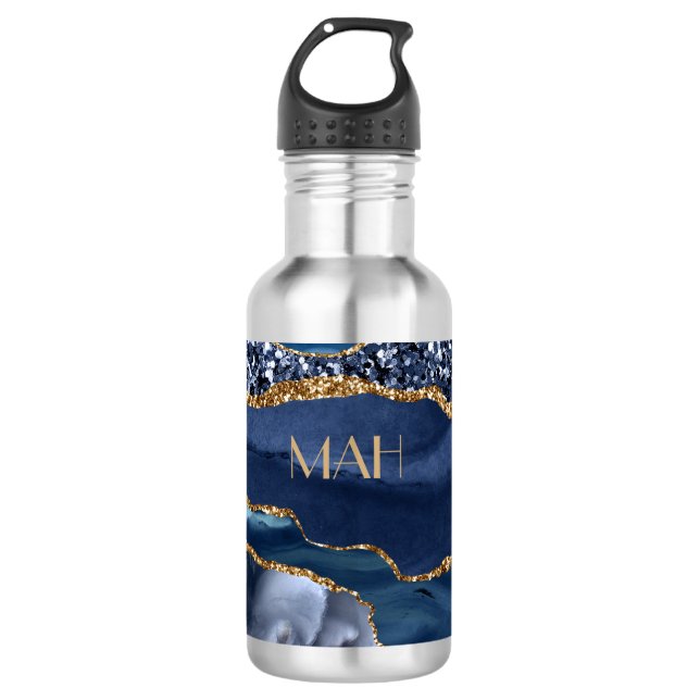 Botella De Agua Monograma Purpurina de oro azul Agate Marble Trend (Anverso)