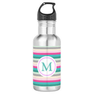 Botella De Agua Monograma rayado Verde azulado y gris rosado a la 
