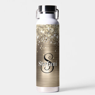 Botella De Agua Monograma Relieve metalizado dorado Purpurinoso Fa