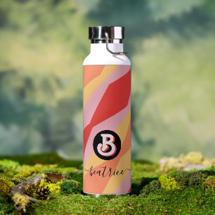 Botella De Agua Monograma Retro Hippie 70s Rosa Geométrico Pastel