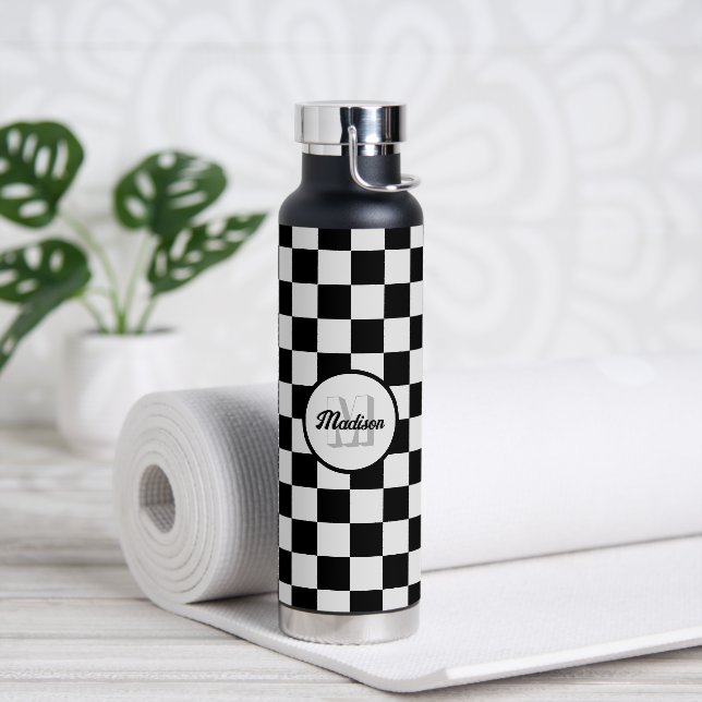 Botella De Agua Monograma retro negro y blanco (Yoga)