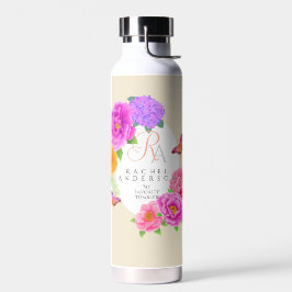 Botella De Agua Monograma romántico Peonies Garden Beige