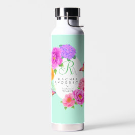 Botella De Agua Monograma romántico Peonies Garden Green