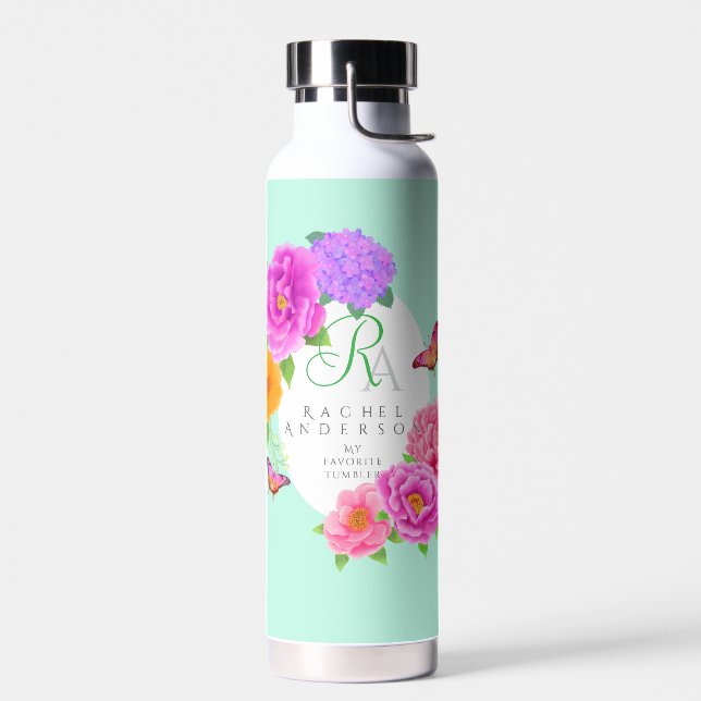 Botella De Agua Monograma romántico Peonies Garden Green (Izquierdo)