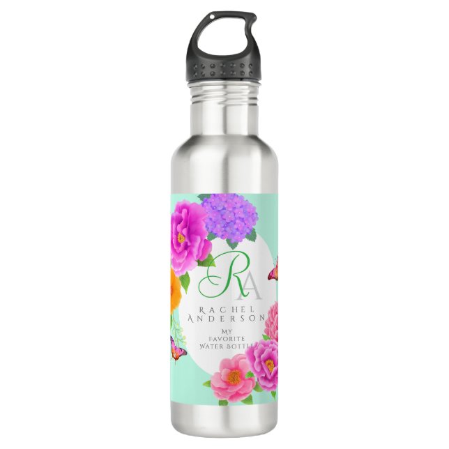 Botella De Agua Monograma romántico Peonies Garden Green (Anverso)