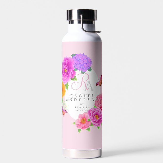 Botella De Agua Monograma romántico Peonies Garden Pink (Izquierdo)
