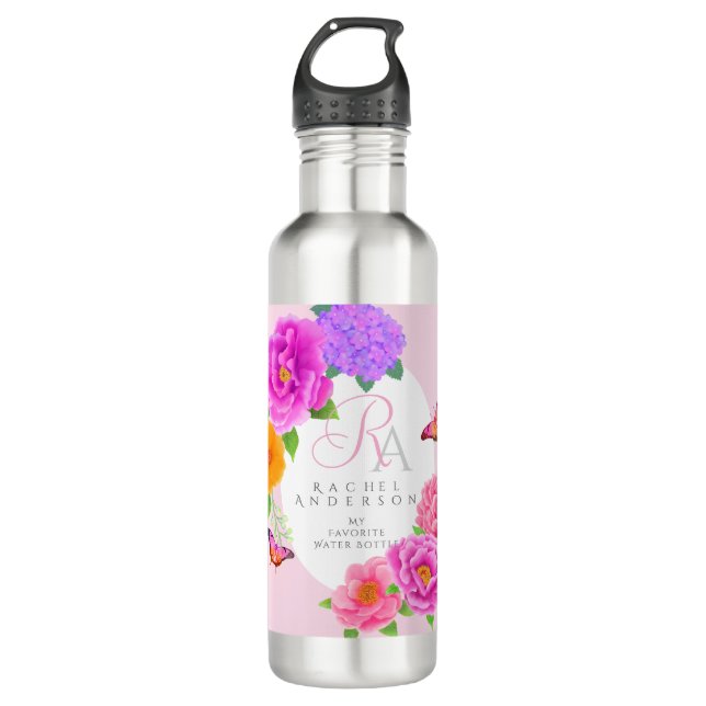 Botella De Agua Monograma romántico Peonies Garden Pink (Anverso)