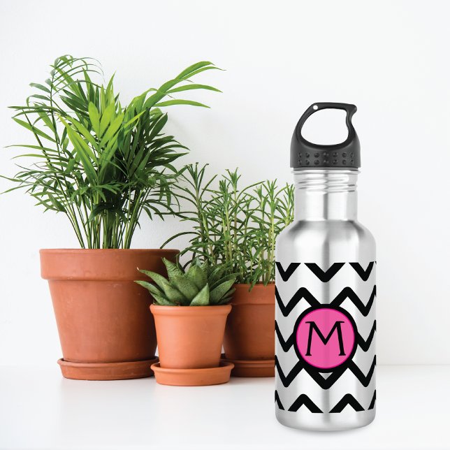 Botella De Agua Monograma rosa de chevron negro (Subido por el creador)