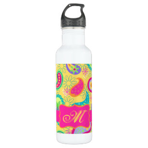 Botella De Agua Monograma rosa de paisley moderno amarillo de la f