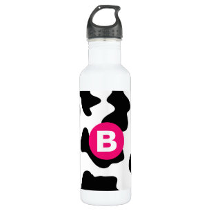 Botella De Agua Monograma rosa del patrón de parches de vaca rápid